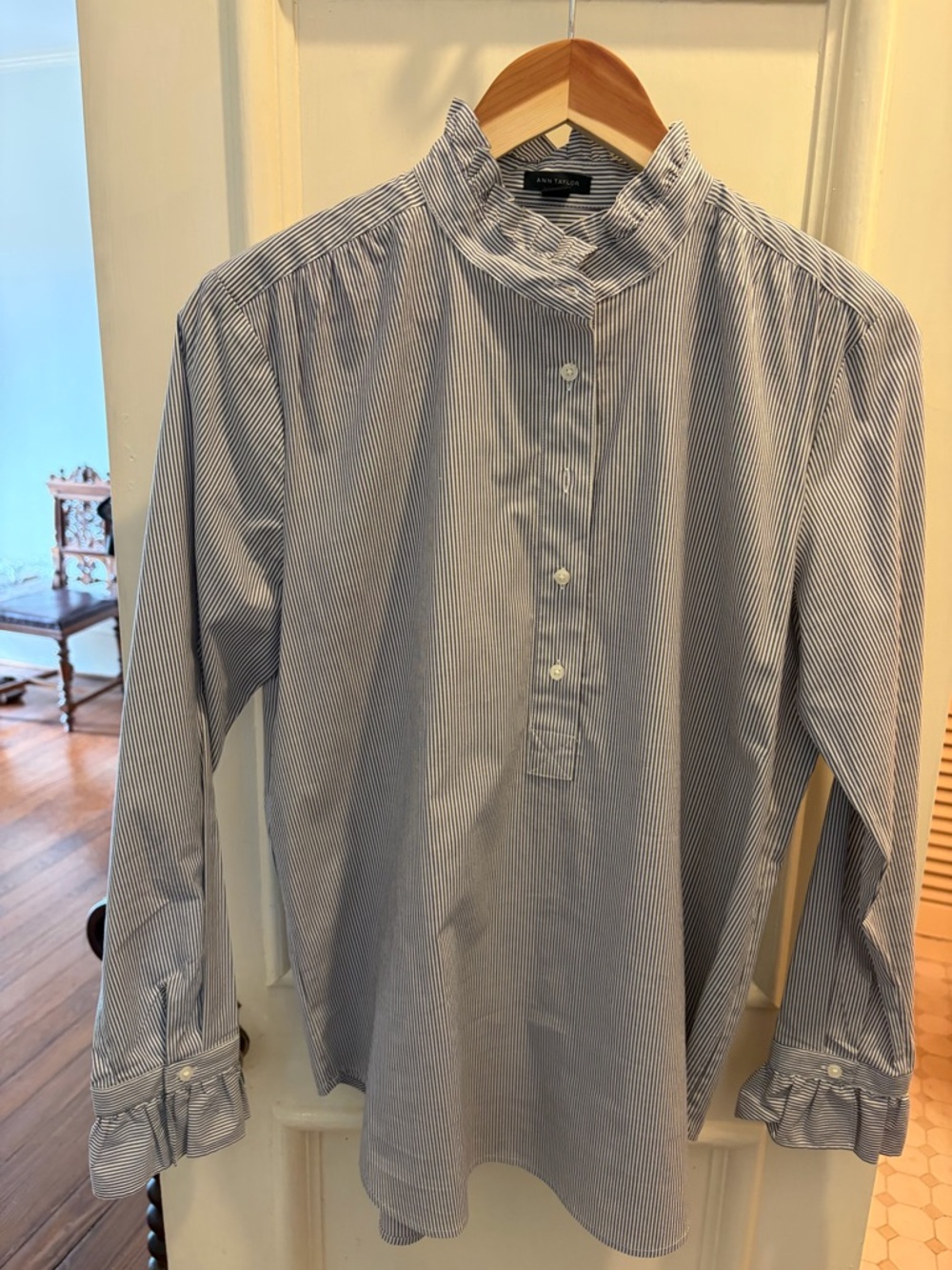 Ann Taylor Blue and White Stripe Ruffle-Neck Button Pullover Shirt